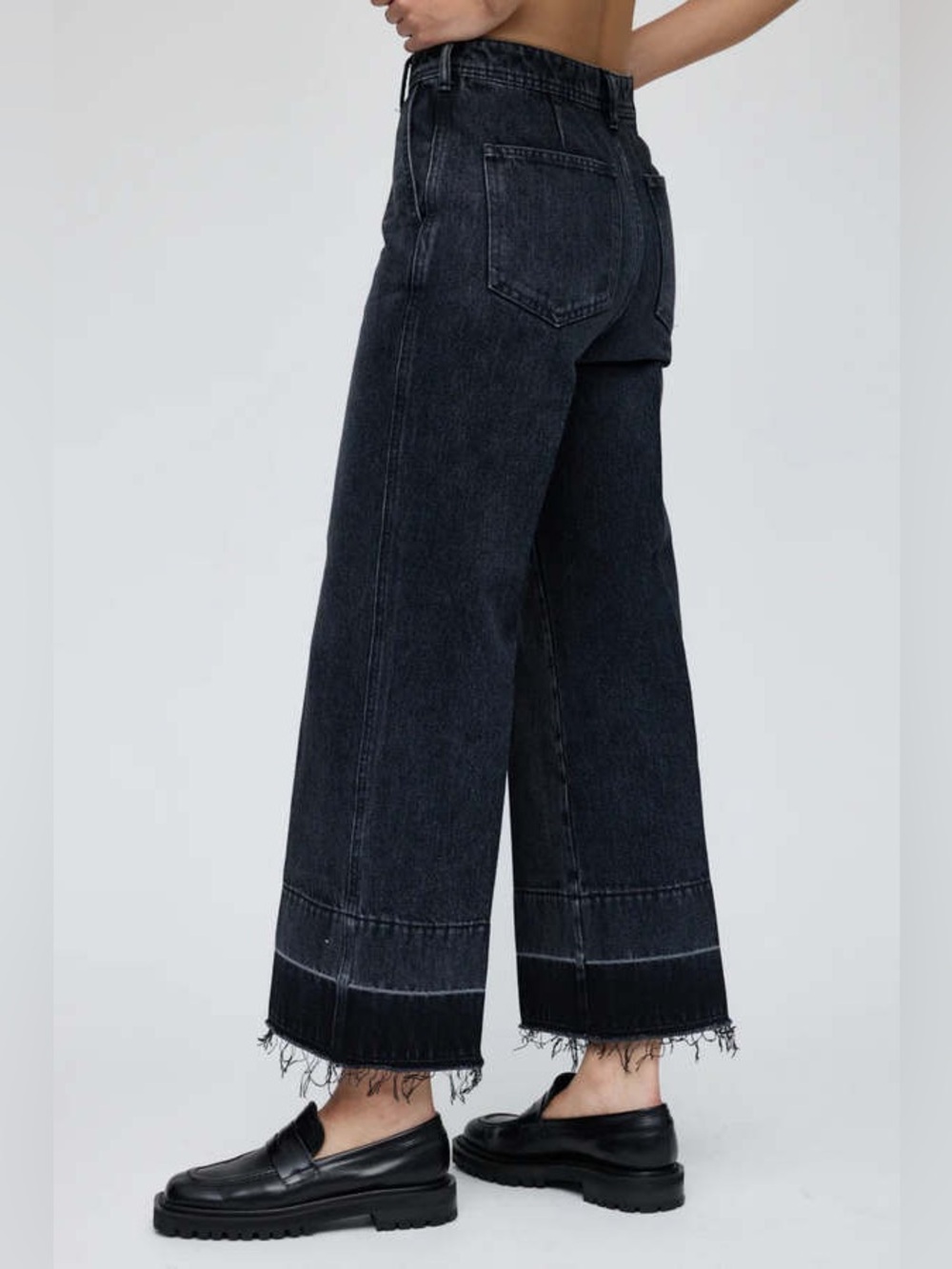 Moussy Vintage Elba Wide Leg Crop Jeans 27 Black Dark Denim Raw Hem Minimalist - Picture 3 of 10